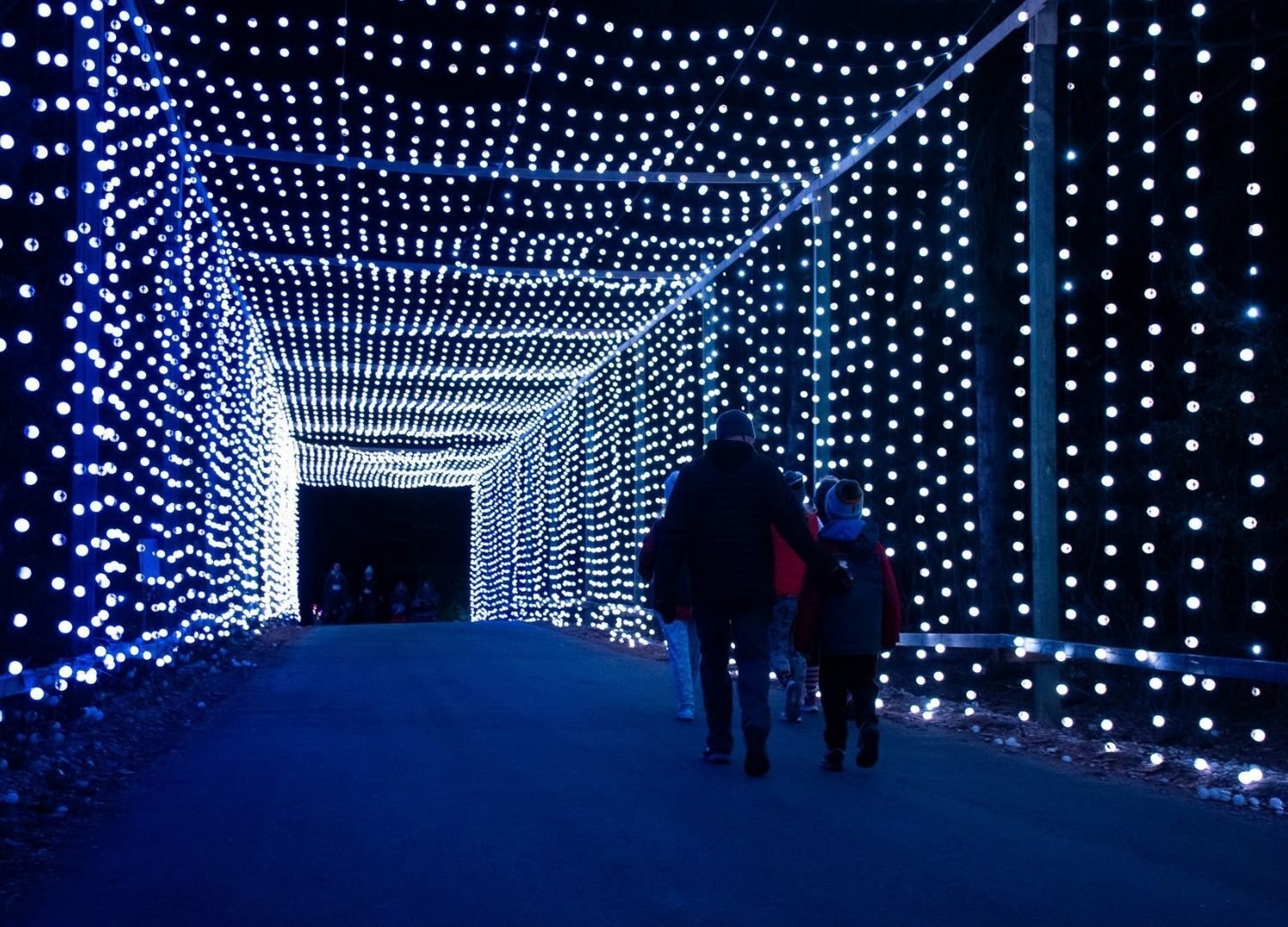 family walking through the dazzling lights at the Christmas Carnival of Lights Walk Through Night
