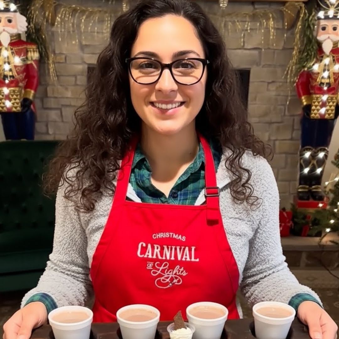 An image of a waitress with a flight of hot chocolate. An image of a waitress with a flight of hot chocolate.